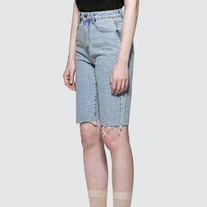 MISCHIEF Cut off Long Jean Shorts Knee Length Pants SSENSE